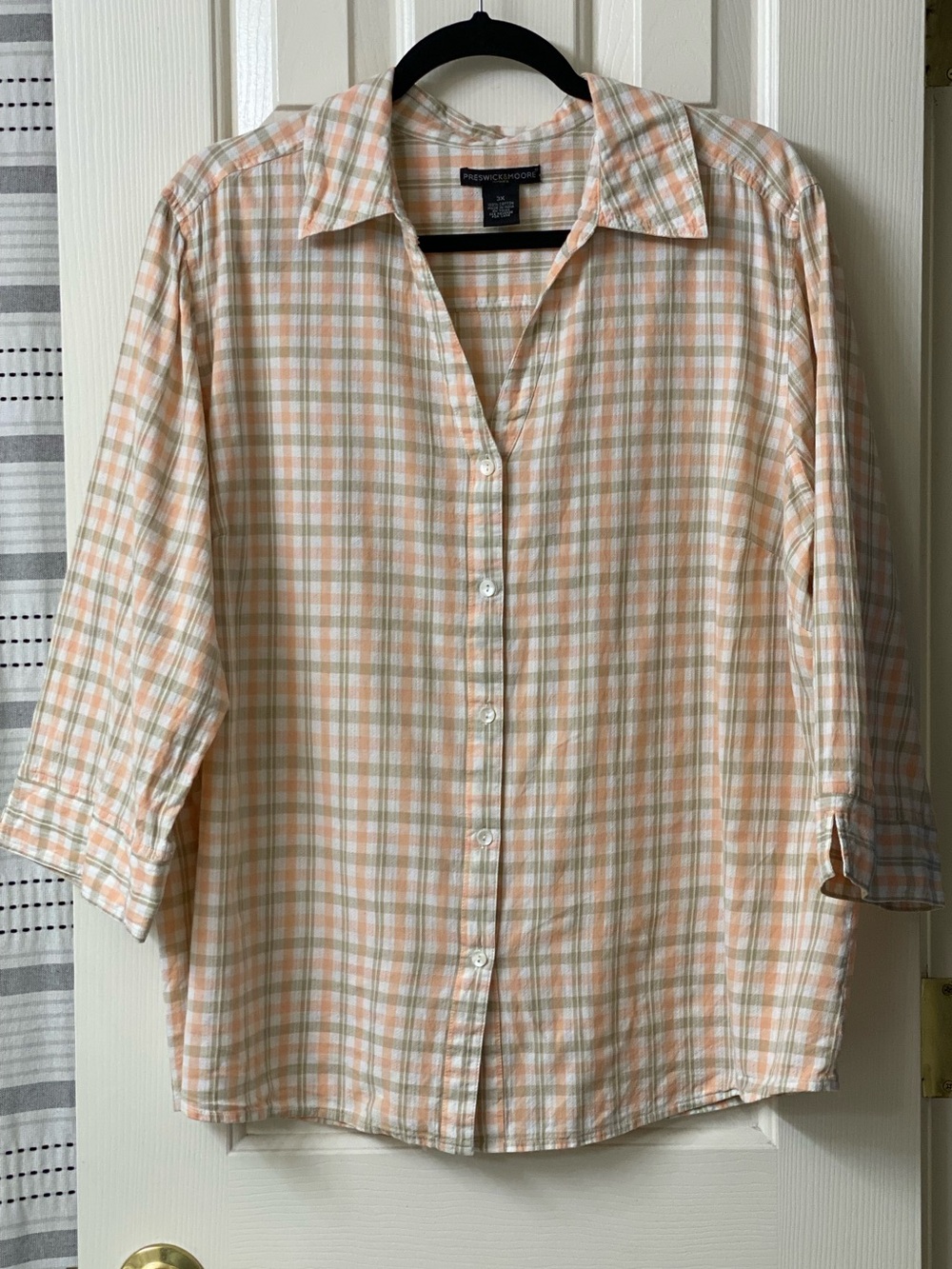 Preswick & Moore Cotton Plaid Button-Front 3/4 Sleeve Top Size 3X